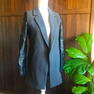 Long grey wool blazer with faux leather sleeves